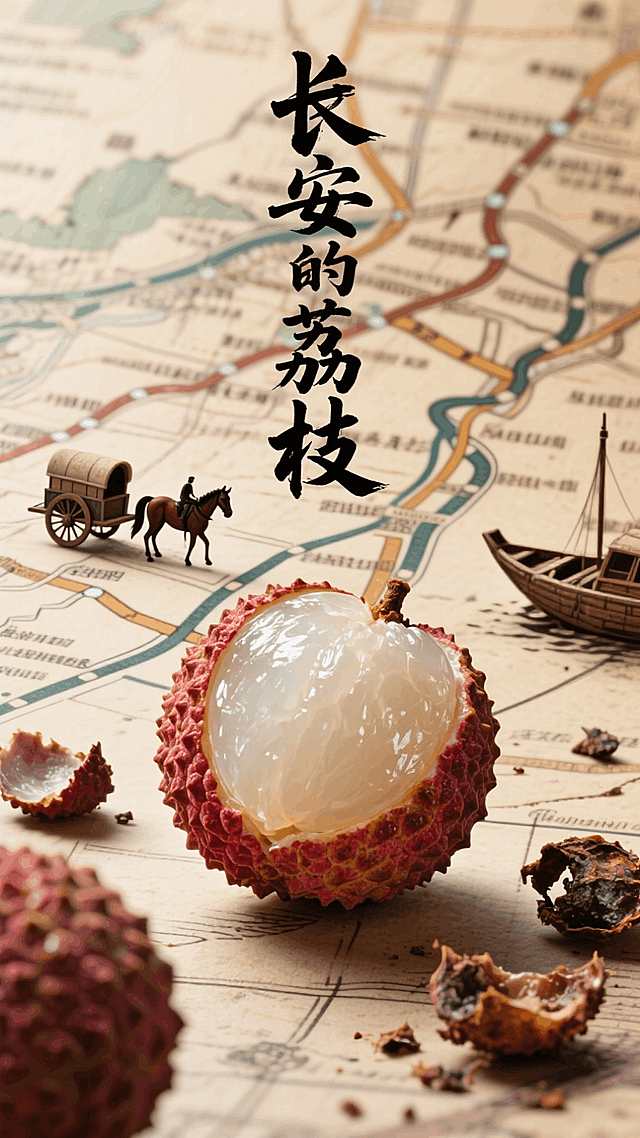 画面标题是书法艺术字体“长安的荔枝”，一颗剥开的新鲜荔枝，背景是一副多条线路的古地图，地图上很小一辆马车、一匹倒下的马，船和散落的腐坏的荔枝，仰视角度