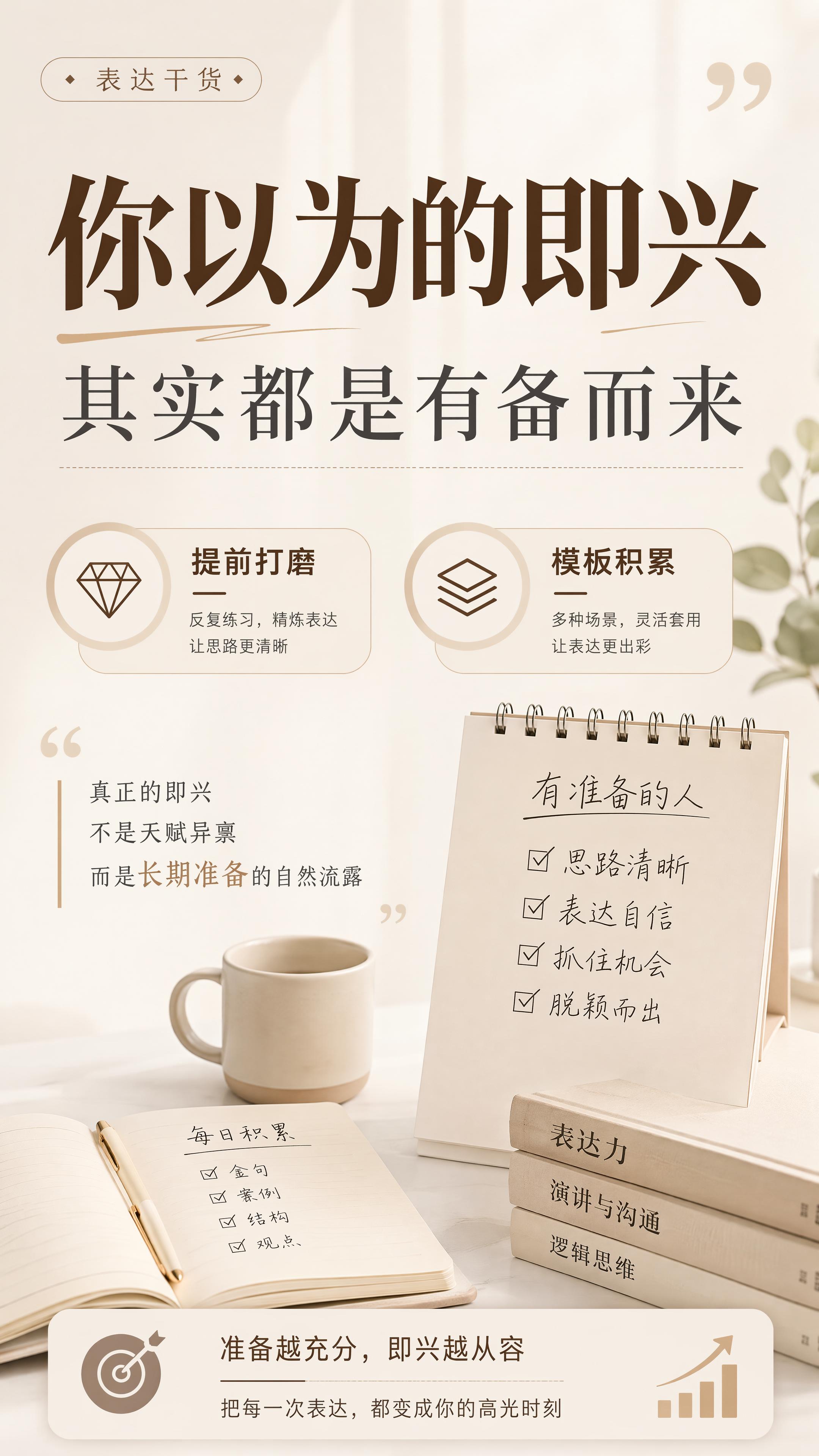 干货内容海报，浅米白色调简约风格，主标题“你以为的即兴”，副标… - 图片创意预览