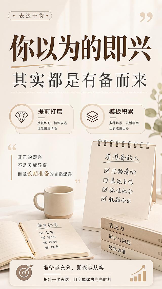 干货内容海报，浅米白色调简约风格，主标题“你以为的即兴”，副标题“其实都是有备而来”，卖点标签“提前打磨”“模板积累”，排版清晰，层级分明，版式精美，9:16，文字清晰易读