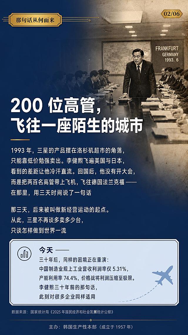 高端商务竖版海报，历史叙事风格。背景使用微微泛黄的老照片风格，是一间会议室长桌场景的老照片质感，叠加深蓝#1F3864半透明渐变层，使文字区域清晰可读。左上角标注金色小标签带金色细线装饰："那句话从何而来"。下方白色粗体大标题："200 位高管，飞往一座陌生的城市"。正文分两段白色常规字体行高1.8：第一段"1993 年，三星的产品摆在洛杉矶超市的角落，只能靠低价勉强卖出。李健熙飞遍美国与日本，看到的差距让他"冷汗直流"。回国后，他没有开大会，而是把两百名高管带上飞机，飞往德国法兰克福 —— 在那里，用三天时间说了一句话。" 第二段"那三天，后来被叫做"新经营"运动的起点。从此，三星不再谈"多卖多少台"，只谈"怎样做到世界一流"。" 底部留出对照今天的区块，用浅蓝底深蓝文字浅色底框突出："今天 —— 三十年后，同样的困境正在重演：中国制造业规上工业营收利润率仅 5.31%，产能利用率 74.4%，价格战将利润压缩至极限。李健熙三十年前的那句话，此刻对很多企业同样适用。" 数据来源小字灰色："数据来源：国家统计局《2025 年国民经济和社会发展统计公报》"。页面右下角有一个简约飞机图标。右上角金色小标签"02/06"。底部浅灰色小字："主办：韩国生产性本部（成立于 1957 年）"。整体风格高端商务、沉稳大气、有历史叙事厚度和人文温度。主色调深蓝#1F3864，金色#B48B4B点缀。版式精美，层级分明，左对齐排版。画面中所有数字必须精确渲染："5.31%""74.4%""200""1993"，不得错位、遗漏或编造。画面中所有二维码区域使用纯色方块占位符呈现，方块中央标注"二维码占位"文字，严禁生成任何可识别的二维码图案。画面中所有信息区域必须填充完整合理的内容，不得出现空白框。