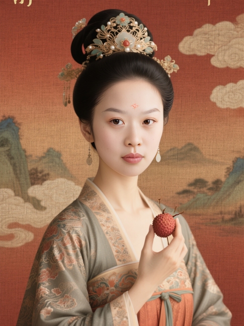 身穿唐代精美纹理服饰，高冷、大眼、丹凤眼、长睫毛、华丽发饰，手持荔枝相关物件，古风影视海报质感，暖棕红渐变背景，融入山水云纹，色调古朴典雅，有传统工笔渲染韵味预览效果
