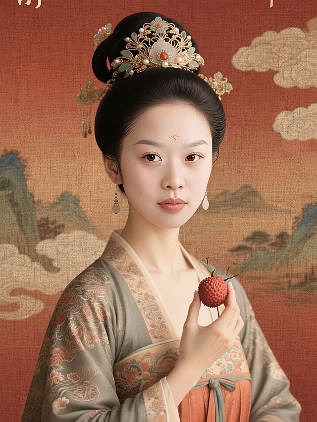 身穿唐代精美纹理服饰，高冷、大眼、丹凤眼、长睫毛、华丽发饰，手持荔枝相关物件，古风影视海报质感，暖棕红渐变背景，融入山水云纹，色调古朴典雅，有传统工笔渲染韵味
