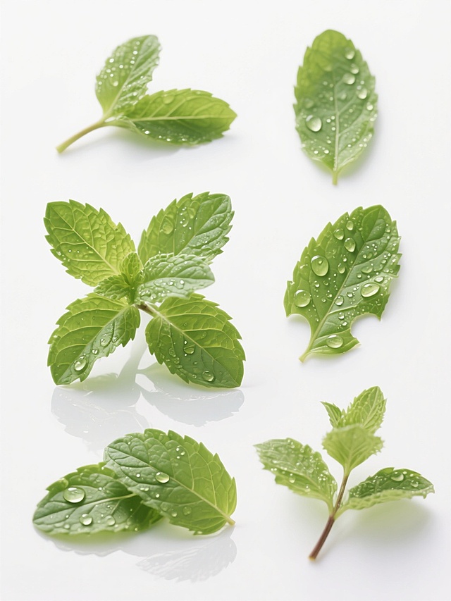 纯白背景，超写实摄影风格，六组薄荷叶元素规整排布，保持明亮通透的自然光效果，叶片呈现鲜嫩的绿色，表面覆盖晶莹剔透的水珠，水滴具有清晰的高光和倒影，叶脉纹理细腻可见，每组薄荷叶造型完全不同：第一组为两片相连的叶片，叶柄自然弯曲；第二组为单片长条形叶片，叶柄较短；第三组为两片交叉的叶片，边缘微微卷曲；第四组为单片带有缺口的叶片，水珠分布密集；第五组为两片重叠的叶片，一片稍大一片略小；第六组为单片叶片，叶柄处带有细小分支，整体画面干净整洁，突出薄荷叶的清新质感和细节表现。