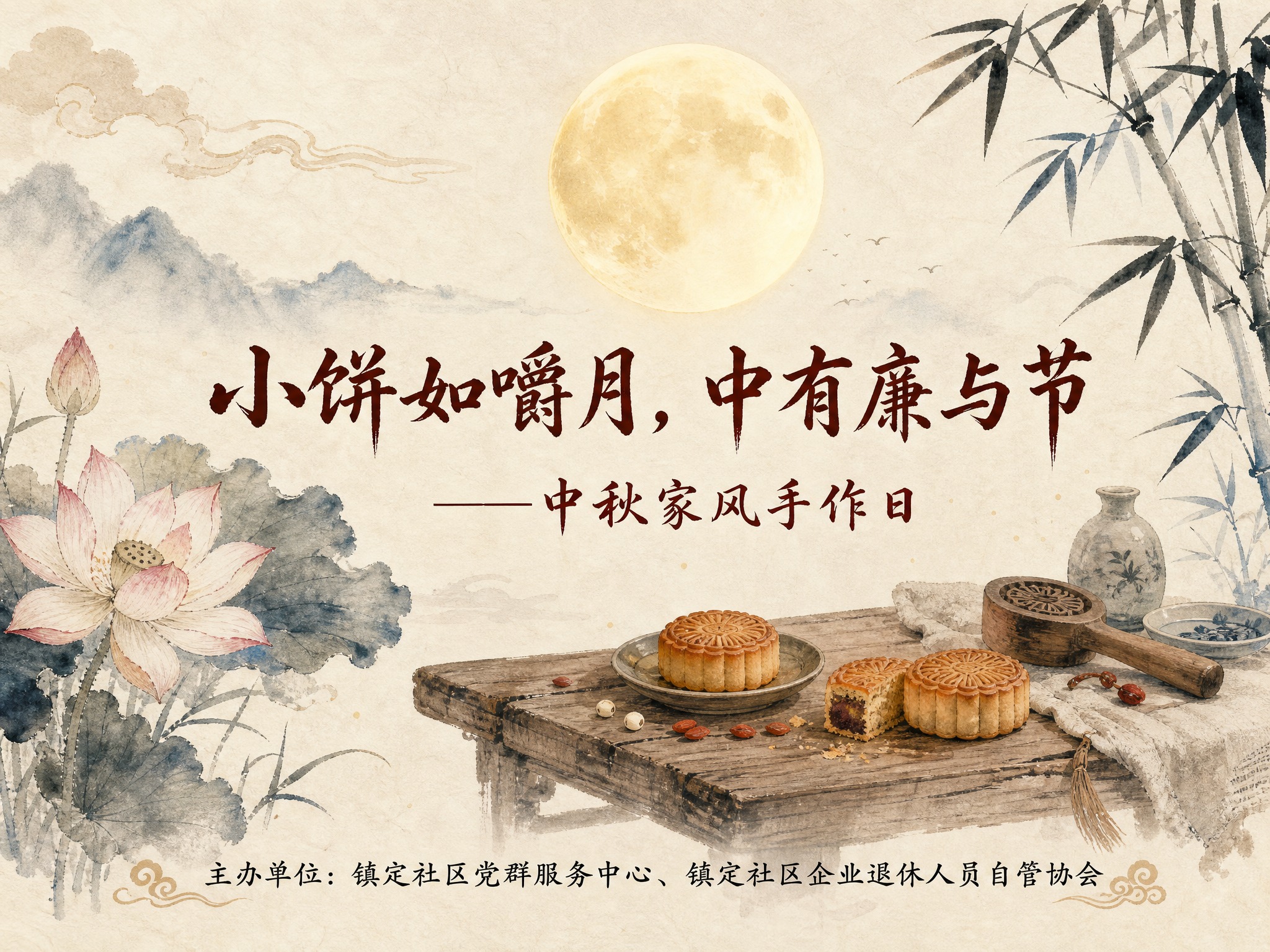 一张4:3比例的PPT封面，中秋与清廉主题，中国水墨风格，明亮… - 图片创意预览