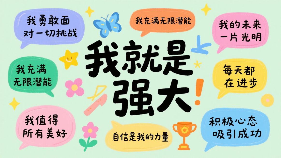 手绘风格励志海报，浅绿色背景，中央是大号艺术字“我就是强大”，周围环绕多个彩色文字气泡，内容包括“我勇敢面对一切挑战”、“我充满无限潜能”、“我的未来一片光明”、“每天都在进步”、“我值得所有美好”、“积极心态吸引成功”、“自信是我的力量”，点缀有黄色星星、蓝色蝴蝶、粉色花朵、橙色奖杯等装饰元素，整体布局活泼均衡，色彩明快温暖，手写体与印刷体结合，视觉层次清晰，传达出积极向上、充满力量的氛围。预览效果