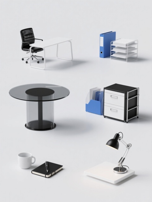 一个白色纯色背景上，展示6个完全不同的现代办公元素的3D渲染系列素材集合，每个元素独立呈现并规整排布。所有元素保持统一的现代简约风格，具有光滑的材质表面、清晰的边缘轮廓、柔和的高光和轻微的阴影效果，色彩以白色、黑色为主色调，点缀少量蓝色等办公常用色。第一个元素是一张带有黑色皮质办公椅的白色办公桌；第二个元素是一个黑色底座、透明玻璃面板的圆形会议桌；第三个元素是一个蓝色文件夹和一叠白色文件的组合……预览效果