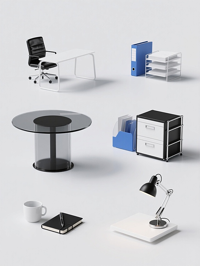 一个白色纯色背景上，展示6个完全不同的现代办公元素的3D渲染系列素材集合，每个元素独立呈现并规整排布。所有元素保持统一的现代简约风格，具有光滑的材质表面、清晰的边缘轮廓、柔和的高光和轻微的阴影效果，色彩以白色、黑色为主色调，点缀少量蓝色等办公常用色。第一个元素是一张带有黑色皮质办公椅的白色办公桌；第二个元素是一个黑色底座、透明玻璃面板的圆形会议桌；第三个元素是一个蓝色文件夹和一叠白色文件的组合；第四个元素是一个黑色金属框架、白色面板的多层文件柜；第五个元素是一个白色陶瓷杯搭配黑色金属质感的钢笔和笔记本；第六个元素是一个白色桌面台灯，带有黑色可调节灯臂和银色金属底座。整体设计注重功能性与简洁美学的平衡，每个元素细节清晰，光影表现一致，营造出专业、整洁的办公氛围。