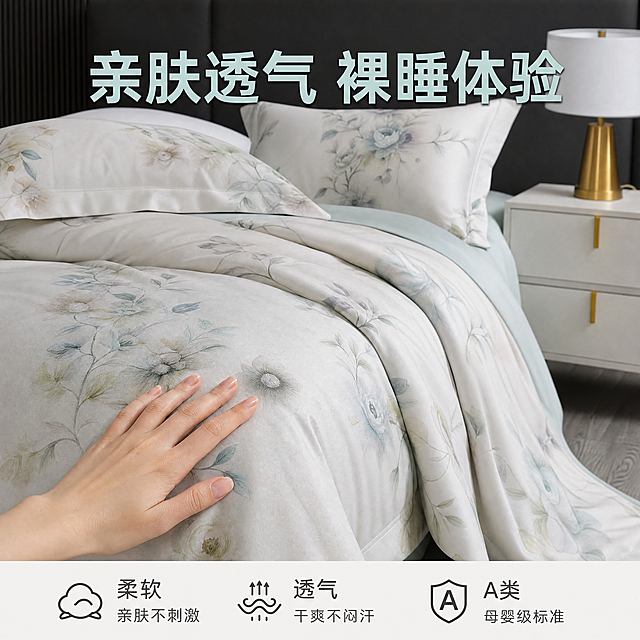 [主图-2] 全棉四件套亲肤透气体验展示。
[氛围风格] 温馨居家生活感，高级材质透视，统一背景光源与首图一致。
[画质] 商业摄影质感，光线柔和通透，产品清晰真实，画面干净高级。
[元素] 模特手背自然轻触四件套面料，突出亲肤触感，四件套保持与输入产品图完全一致的花色和材质，背景和空间与首图保持一致。保持产品外观、物理结构、材质质感、颜色与输入产品图绝对一致，杜绝任何变形和色差。商品主体占比控制在65%左右。
[光影] 和首图保持一致的自然光方向，光影统一，面料纹理突出，柔和不生硬。
[配色] 保持和首图一致的米白浅青主色调，搭配深灰金质装饰，低饱和度配色。
[视角构图] 近距离平视特写，景深较浅，突出面料触感。
[文字版式] 顶部悬浮大标题"亲肤透气 裸睡体验"，浅青粗体；底部三列排列，每列配小图标加短句：第一列「柔软」「亲肤不刺激」，第二列「透气」「干爽不闷汗」，第三列「A类」「母婴级标准」，文字小而清晰，左对齐，深灰色文字对比浅色背景，保持可读性。
[比例分辨率] 1:1比例，4k分辨率，文字清晰锐利，画面超高清。
[负向提示词] 变形，水印，文字错乱，产品图模糊，背景杂乱，绝对化违禁词，联系方式，侵权标识
