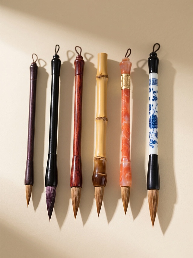 高清写实摄影风格，六支不同笔壳样式的毛笔规整排布于柔和米色纯色背景上，光线从左上方45度角照射，形成清晰柔和的阴影。毛笔笔头尖锐饱满，毛色自然过渡；笔杆材质与色彩各异，分别呈现乌木的漆黑质感、紫檀的暗红光泽、竹节的浅黄纹理、玛瑙的棕褐温润、珊瑚的橙红鲜亮以及青花瓷的蓝白雅致，每支笔杆均有细微纹理差异。整体构图平衡对称，画面干净简洁无文字，展现传统文房用具的雅致韵味与精致细节。