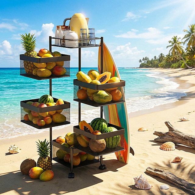 将背景替换为澳洲夏季海滩场景，加入冲浪板、热带水果元素，用夸张的光影突出黑色多层置物架主体