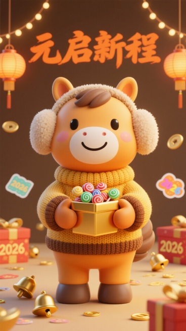 Q 版橙黄小马身着姜黄色带棕纹装饰的针织新年套装，佩戴圆形毛绒耳罩，眉眼弯弯笑出梨涡，双手捧着一只装满糖果的金色礼盒，周围散落金色铃铛、印着 “2026” 的彩色贴纸，画面上方有橙色书法字体 “元启新预览效果