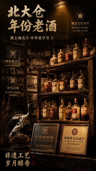 写实商业摄影风格，高端复古白酒海报，整体呈现历史厚重的高级质感。画面主体是做旧实木博古架，摆满不同年代的北大仓老酒瓶；显著位置陈列着"中华老字号"和"非物质文化遗产"奖牌，旁侧搭配齐齐哈尔扎龙湿地丹顶预览效果