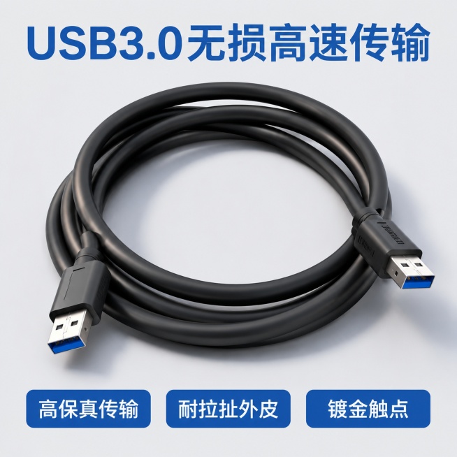 [主图-4] USB3.0无损高速传输线细节展示。
[氛围风格] 材质细节展示，突出传输稳定性
[画质] 高清商业摄影，线材和接口细节清晰。
[元素] 完整展示USB3.0双公头传输线，盘绕整齐居中展预览效果