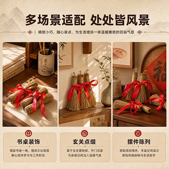 [商品] 使用【图4】稻草小毛刷多支横放图与【图5】多支竖放图；保留每支产品的造型、颜色与材质；商品处理：保留产品原貌，分别融入不同场景，透视与光影自然匹配。
[画面] 目标：多场景应用展示页，展示在不同空间的装饰效果。构图：三宫格拼图形式，分别展示书桌一角、玄关置物架、民俗摆件区三个场景，每个场景中都有稻草小毛刷作为装饰元素；整体色调统一暖米杏色，场景间过渡自然。
[视觉] 套系策略：风格=暖调民俗中式商业摄影；标题字=阿里巴巴普惠体粗体；正文字=阿里巴巴普惠体常规体；主色=暖米杏色；背景延展=基于暖米杏做深浅层级、同色渐变与质朴纸张/木纹质感；强调色=朱砂红，仅用于小面积图标、引线、标签和重点文字高亮；标题色=深棕褐色；正文色=中暖褐色；组件=圆角浅棕信息卡、细麻绳风格引线、民俗纹样小装饰；光影=每个场景均为暖调自然光，柔和舒适。
[文字] 顶部主标题"多场景适配 处处皆风景"，三格下方分别标注"书桌装饰""玄关点缀""摆件陈列"；文字横向排版，每格配简短场景说明。
[规格] 图片比例1:1方形，4K，负向提示：避免变形、错字、文字过小、冷蓝/冷灰背景、产品颜色改变、材质失真、极限词、淘宝平台违禁词、小标致图案、天然/环保/原生态等违规词。