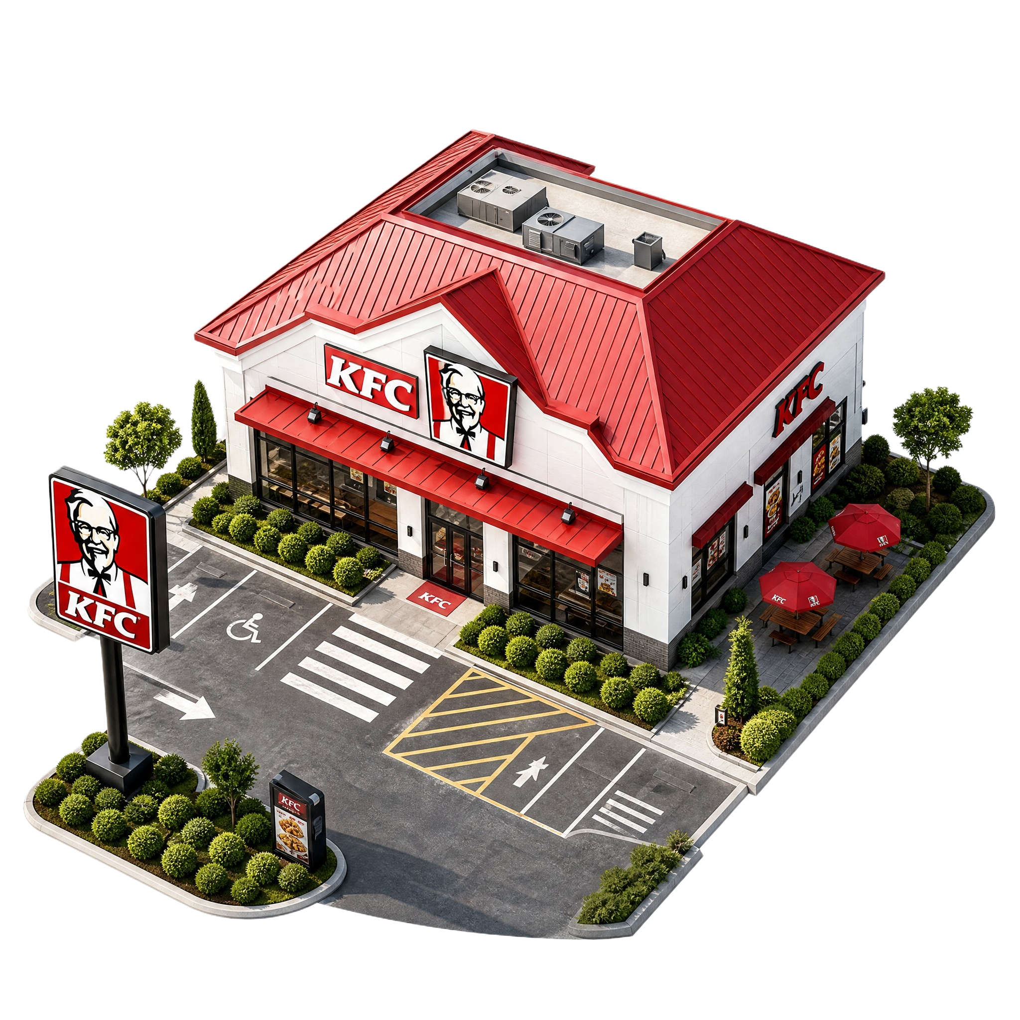鸟瞰视角的肯德基门店建筑，带有标志性红色屋顶和KFC招牌，现代… - 图片创意预览