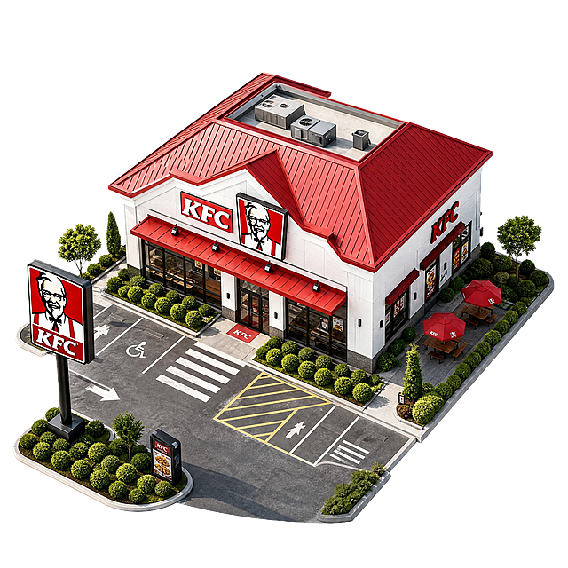 鸟瞰视角的肯德基门店建筑，带有标志性红色屋顶和KFC招牌，现代快餐门店建筑风格，白色墙体，周围有简单绿化和停车场，建筑规划效果图风格，透明背景，高清细节