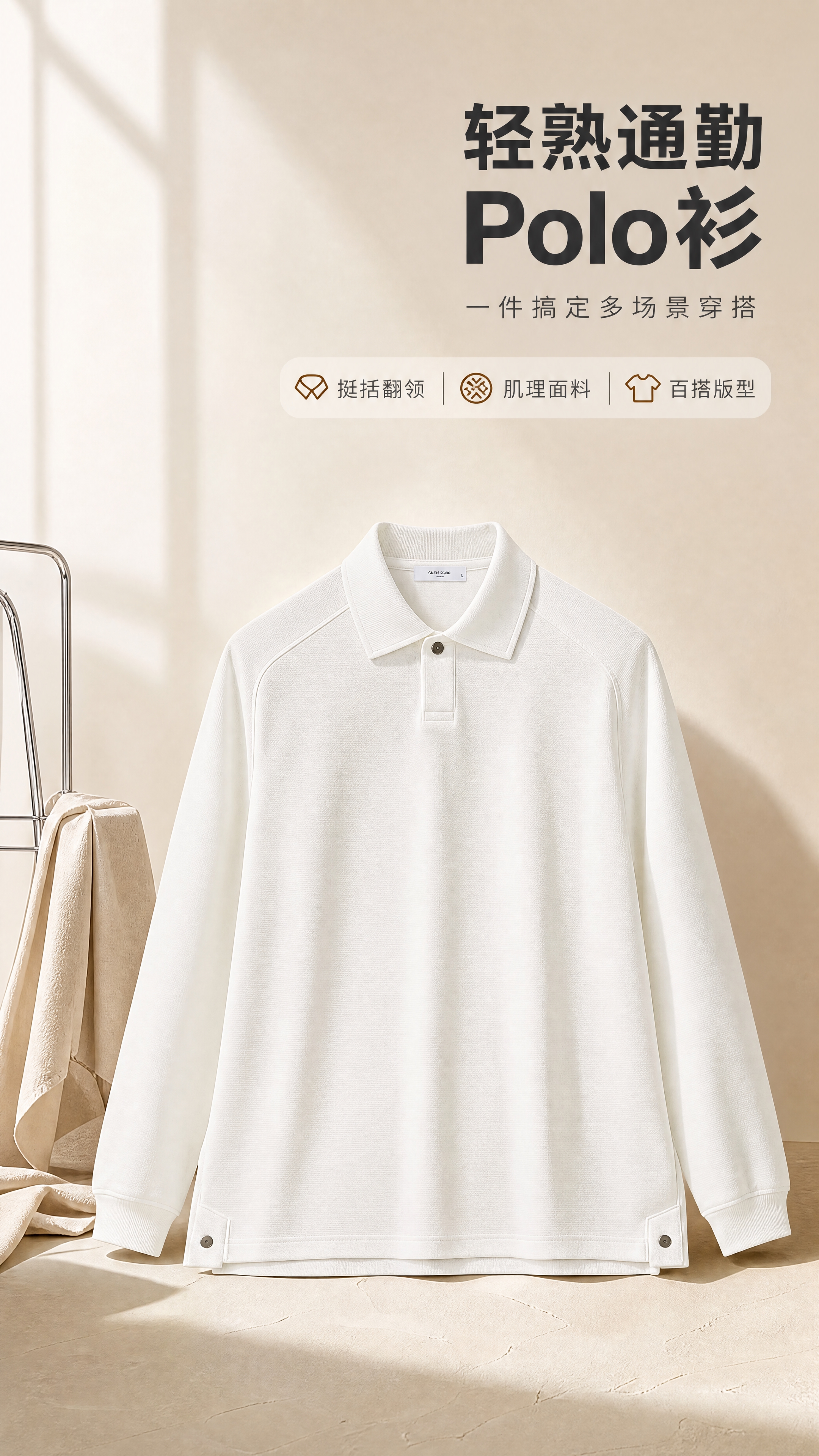 [商品] 使用【图1】男士白色翻领长袖Polo衫；商品处理：保… - 图片创意预览