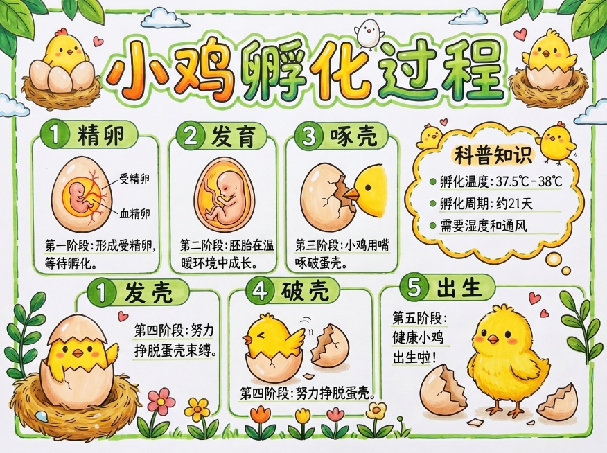 小鸡孵化过程主题手抄报，保持参考图马克笔手绘卡通风格，尺寸297*210，包含主标题、分步骤孵化过程介绍、科普知识区域，整体排版整齐清新，搭配可爱小鸡相关插图预览效果