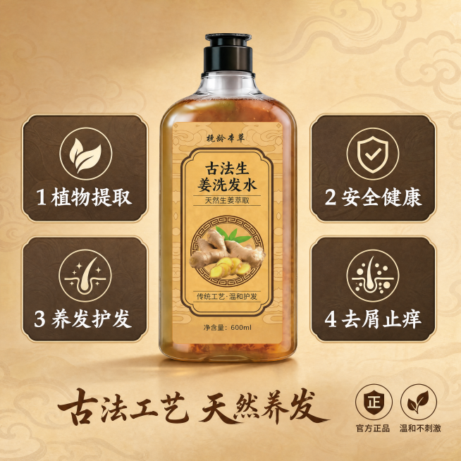 [主图-5] 生姜洗发水卖点合集促销信任图，传统中医药风格，整合全部核心卖点。氛围风格：传统草本安心可信氛围。画质：商业摄影质感，光线柔和通透，画面干净高级。元素：洗发水产品居中放置，四个圆角深色底框预览效果