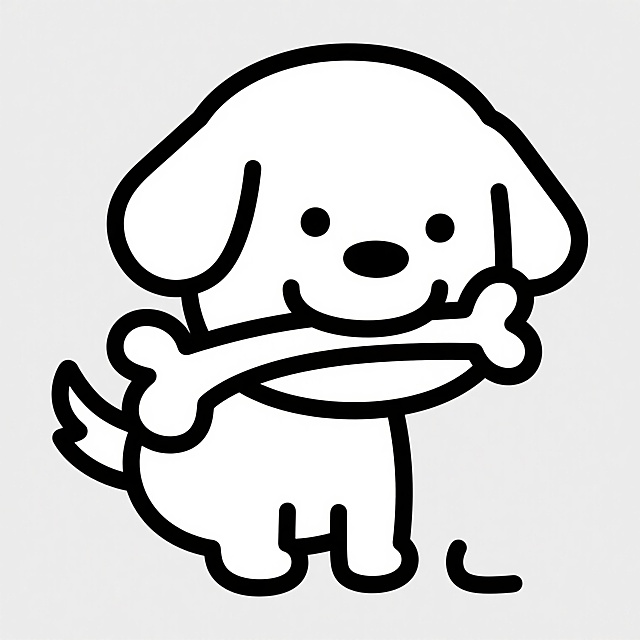 极简风格卡通插画，一只可爱的卡通小狗，嘴里叼着一根骨头，线条简洁流畅，黑色描边，白色填充，无复杂细节，平面设计，干净背景，简约造型，萌系风格，轮廓清晰，类似图标设计的简洁感，单一色调，可爱动物形象，日常物品元素，轻松愉快氛围。