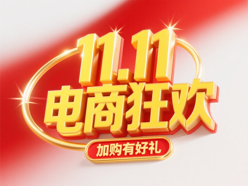 黄色 “11.11 电商狂欢” 立体艺术字，搭配金色环形光效装饰，下方有 “加购有好礼” 红色标签。背景为红白色渐变，整体风格大气炫酷，突出双十一促销的热烈与冲击力。预览效果