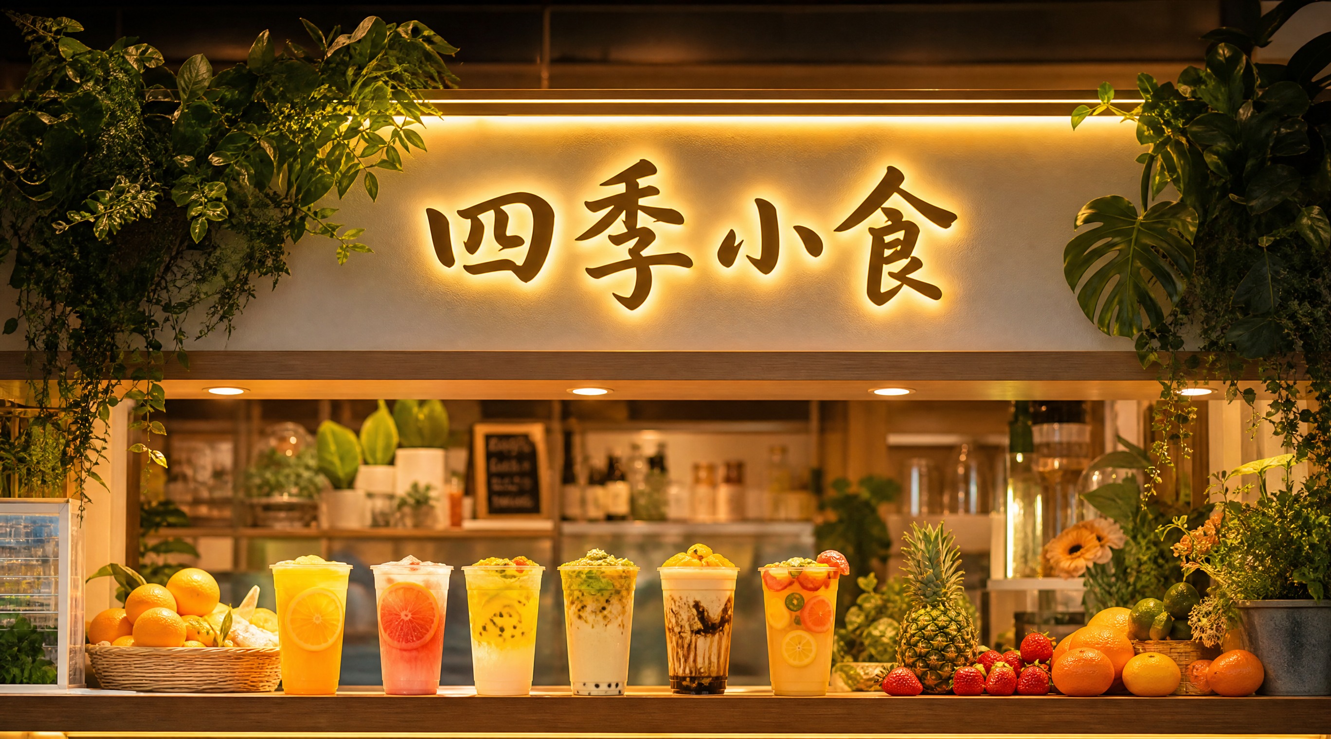 饮品店店招设计，店名"四季小食"，真实摄影风格，横版构图，画面… - 图片创意预览