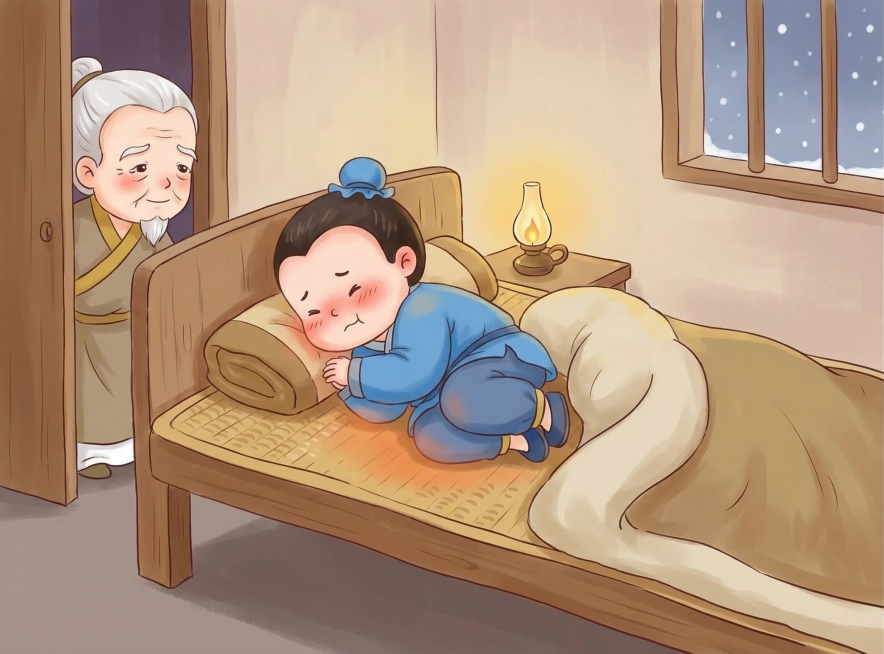 采用参考图的Q版卡通古风插画风格,绘制黄香温席的孝道故事,人物形象圆润可爱,色彩柔和温暖,适合儿童阅读的传统文化插画,画面生动展现故事主题预览效果
