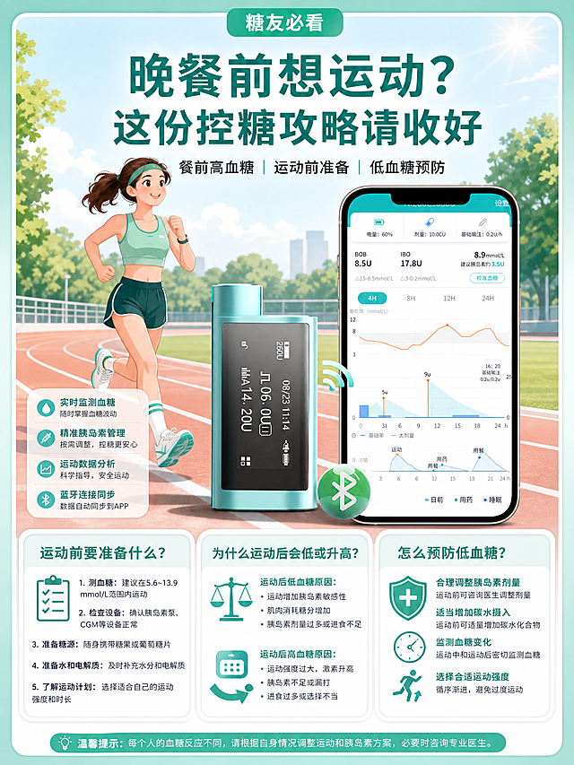 清新扁平插画风格医疗科普海报，薄荷绿为主色调，3:4竖版。画面背景为操场跑道场景，有一位运动少女正在慢跑，阳光明媚，充满活力。画面中下部展示薄荷绿胰岛素泵产品和手机血糖监测APP界面，产品100%还原上传商品图的外形、颜色、结构和屏幕显示内容，胰岛素泵与手机通过蓝牙连接。画面上方为标题区：顶部小标签写"糖友必看"，主标题大字写"晚餐前想运动?这份控糖攻略请收好"，副标题写"餐前高血糖 | 运动前准备 | 低血糖预防"。画面下方三个信息卡片分别写："运动前要准备什么?"、"为什么运动后会低或升高?"、"怎么预防低血糖?"，每个卡片配有简洁的医疗图标。整体版式精美，医疗科普风，薄荷绿与白色搭配，清新干净，信息层级分明，文字清晰可读。画面中所有信息区域必须填充完整合理的内容，不得出现空白框。