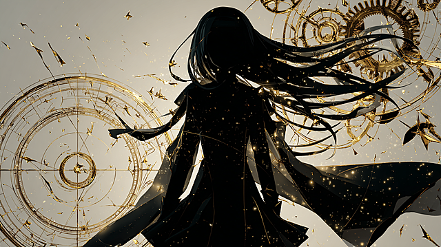 Anime silhouette of Akemi Homura, black body, black face, no facial features, straight black hair tangled with (cracked liquid gold filigree:1.2), black battle suit with flowing gold trim, floating reversed golden hourglass with stardust sand, spiderweb-like sacred geometry cracks and **collapsing clock gears & hourglass array background**, iridescent stardust flowing through cracks, pure black background, dramatic lighting, soft out-of-focus edges, 8k, hyperrealistic, no text --ar 16:9 --v 6.0