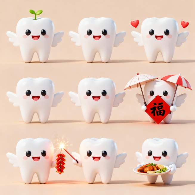 软3D风格一颗牙齿做着不同动作的统一IP插画，并规整排列，这个IP形象为一颗洁白的牙齿，它的眼睛圆圆的，嘴巴微笑着，旁边有个小翅膀，每个元素均有统一纯色背景和圆润3D造型。六个动作分别是：1.头顶顶着预览效果