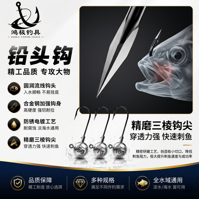 1:1 竖版电商主图，杂志级高级排版，专业渔具产品卖点海报，严格还原上传的鸿极钓具铅头钩产品图，包括产品形态、颜色、LOGO 位置、文字内容、图案元素等所有细节，尺寸比例保持 1:1。画面主体为三棱钩预览效果