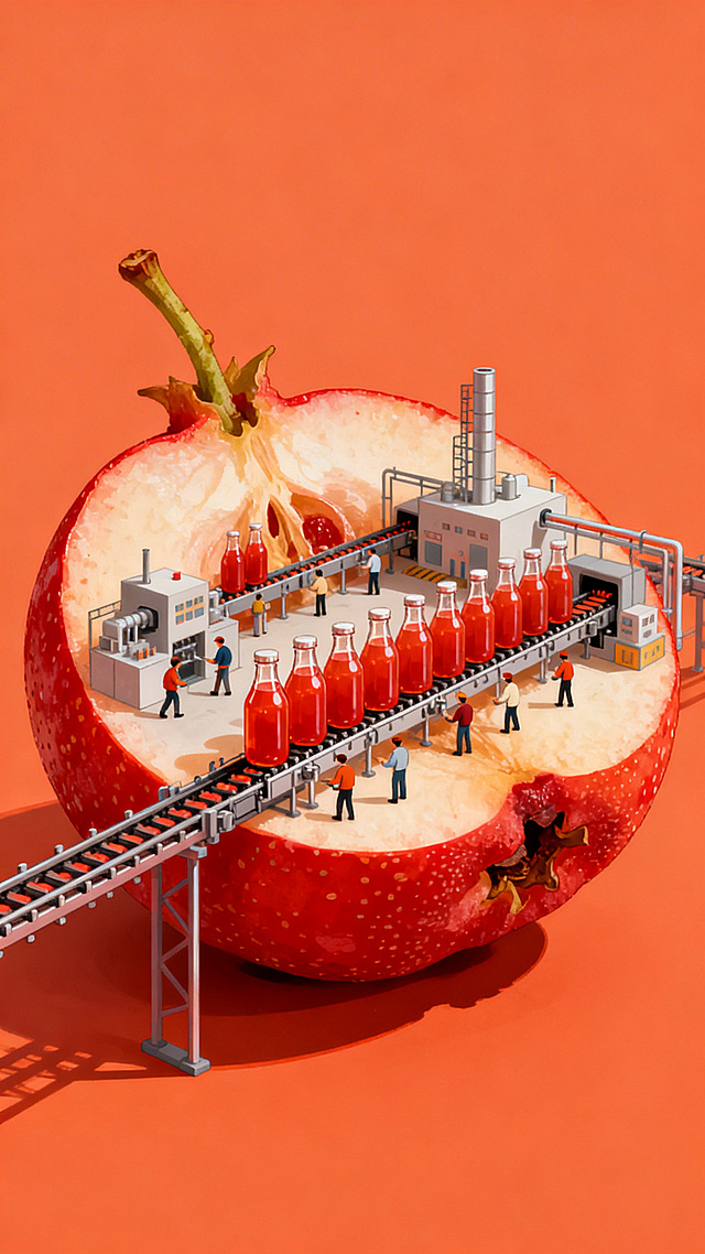 高饱和度橙红色调纯色背景，一个巨大的被切开一半的山楂果，果内有微型工厂，工厂生产线正在生产山楂汁，工人们忙碌作业，生产线延伸出源源不断的玻璃瓶山楂汁