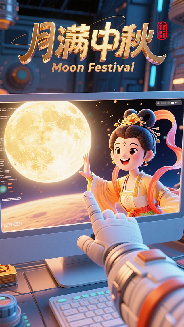 大师级排版设计，（字体标志"月满 中秋”装饰英文：“Moon Festival”，两行错排，红色中式印章；创意字体设计，线条流畅且富有艺术感，将字体进行抽象变形，创造出独特的节奏和动感，给人以强烈的视觉冲击。流畅立体字，金属质感，金属里泛着金色光晕，金属艺术，高级感）。嫦娥面带笑容，从电脑屏幕中完全探出身子（虚拟变为实体，网络与现实的碰撞），摔出屏幕外，她的手与作为宇航员的手指触碰，屏幕外宇航员的