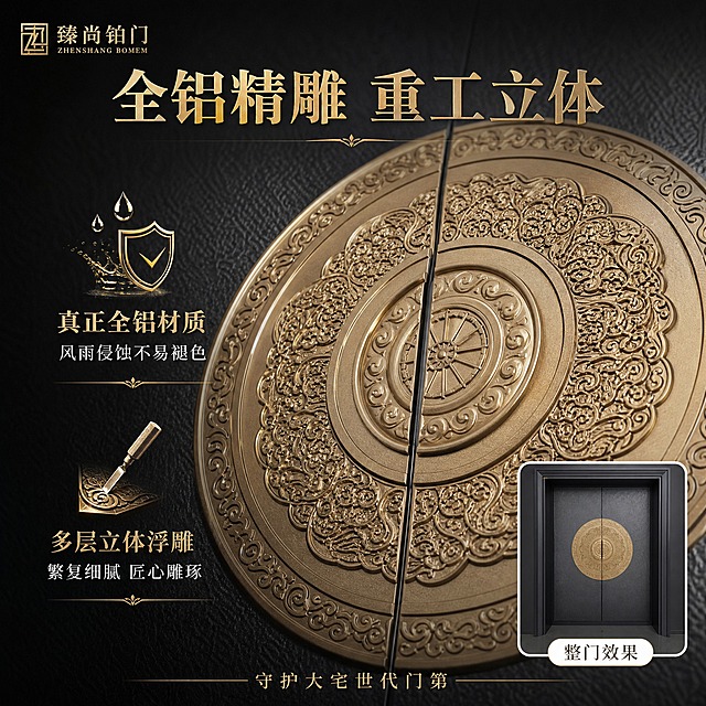 [主图-3] 材质工艺细节图，任务是证明全铝精雕工艺的品质，展示耐候不褪色、重工立体的核心优势。
[统一基调] 新中式专业品质风格，深灰色工业质感背景，局部打光突出细节。标题字色鎏金色，辅助文字白色，强调色古铜金。字体为稳重宋体，字号层级清晰。
[画面] 主画面为大门中心鎏金浮雕的局部放大特写，占画面约60%，视角略微俯视，清晰展示浮雕的立体层次、雕刻深度和细腻纹路。画面右下角有一个小窗展示大门整体外观缩略图，标注"整门效果"。左侧和下方分布工艺细节说明模块。左上角臻尚铂门logo。
[光影质感] 商业微距摄影质感，侧光打在浮雕表面，形成明显的明暗对比，突出雕刻的深度和立体感，每一层花纹的边缘都有清晰的光影过渡，金属质感强烈，体现重工精雕的工艺水准。
[配色] 背景深灰近黑，标题鎏金色，正文白色，产品深灰+鎏金本色。
[文字版式] 左上品牌logo。顶部主标题："全铝精雕 重工立体"，鎏金色粗宋体。左侧两个工艺说明模块：第一个模块标题"真正全铝材质"，正文"风雨侵蚀不易褪色"，配一个水滴+盾牌的小图标；第二个模块标题"多层立体浮雕"，正文"繁复细腻 匠心雕琢"，配一个雕刻刀的小图标。右下角整门效果小窗带白色边框和名称标注。底部一行小字："守护大宅世代门第"。所有文字放在浮雕以外的负空间，不遮挡主要细节展示。
[输出要求] 1:1正方形比例，2048*2048像素，浮雕细节极致清晰，纹理锐利，金属质感真实，文字清晰，无变形错字，无水印无平台logo。
