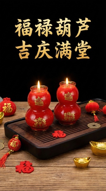 电商详情页第十一页，场景展示，产品放置于中式居家桌面环境，搭配木质茶盘和吉祥摆件，营造喜庆纳福氛围，纯黑色背景，产品保持原图样式不变，文字内容：“福禄葫芦 吉庆满堂”金色书法字体，不出现违规宗教相关内预览效果