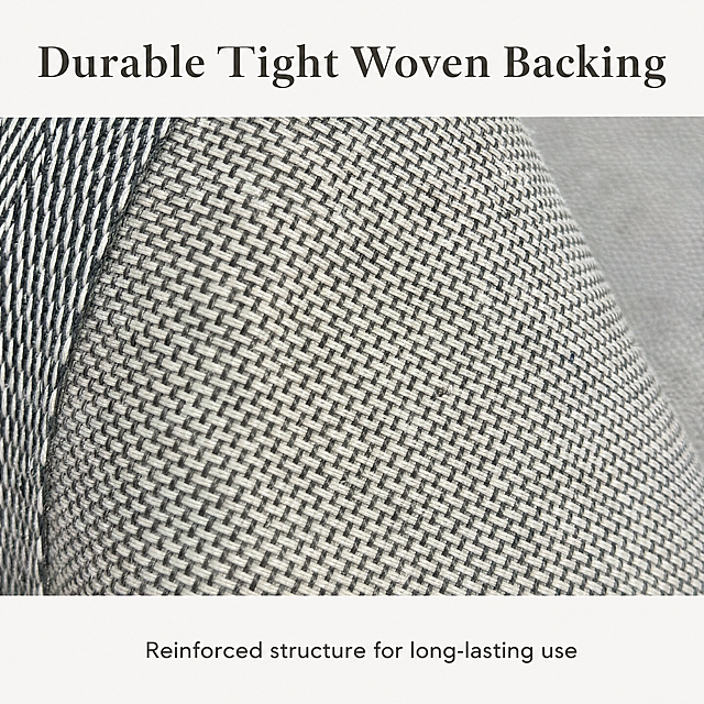 [Screen 7] Back weaving detail display page for area rug, 15:16 vertical, international station detail page. Use the back weaving close-up image from user eighth image, keep the original dense woven texture, gray color and structure completely consistent with input. Highlight the durable tight weaving craftsmanship. Clean off-white background, focus the shot on the weaving detail. Top title "Durable Tight Woven Backing", bottom short description "Reinforced structure for long-lasting use". All English, 4K resolution, text clearly visible. Negative: distortion, texture change, blur, text error, Chinese characters