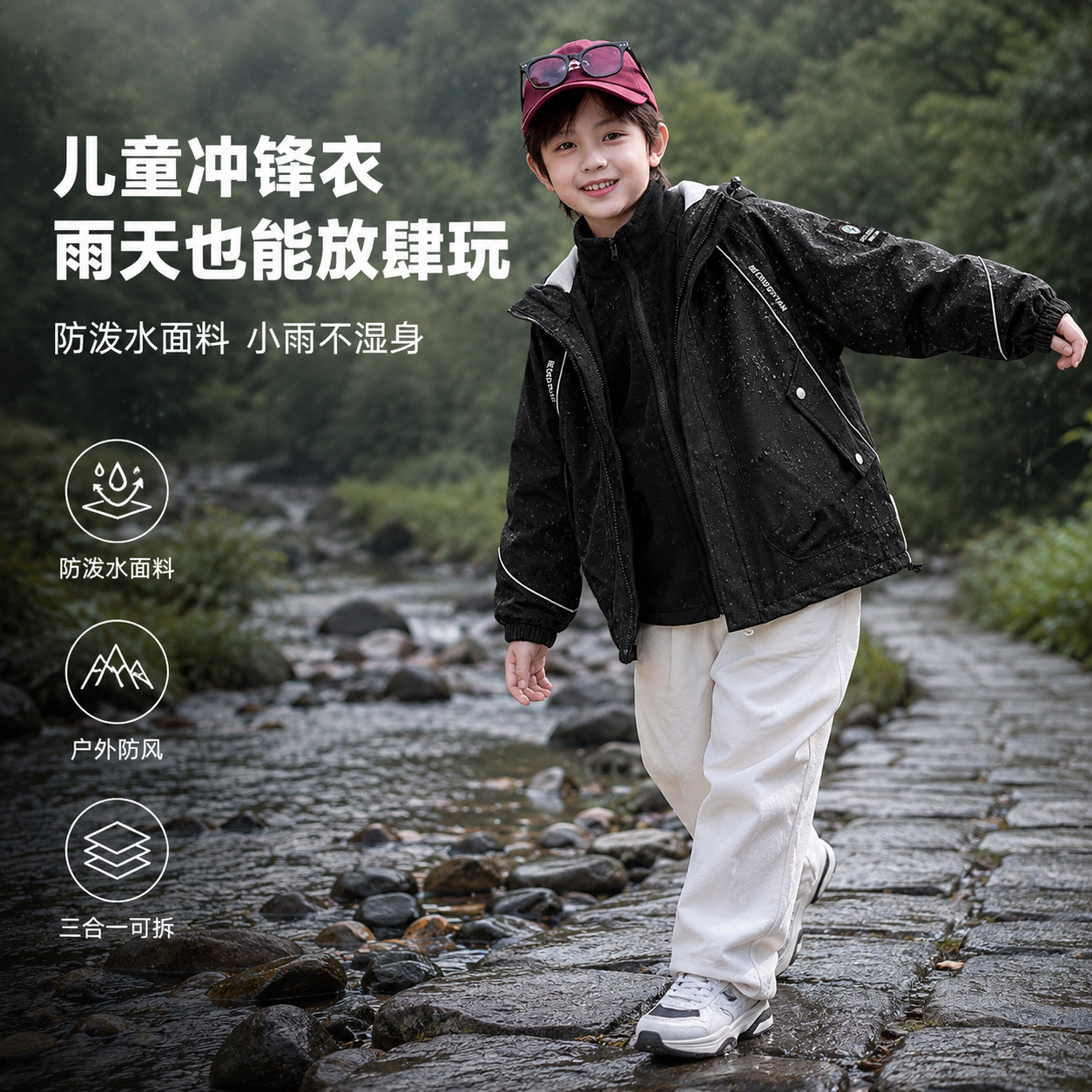 [单张主图] 儿童黑色三合一冲锋衣外套 高级氛围感功能情境演示… - 图片创意预览
