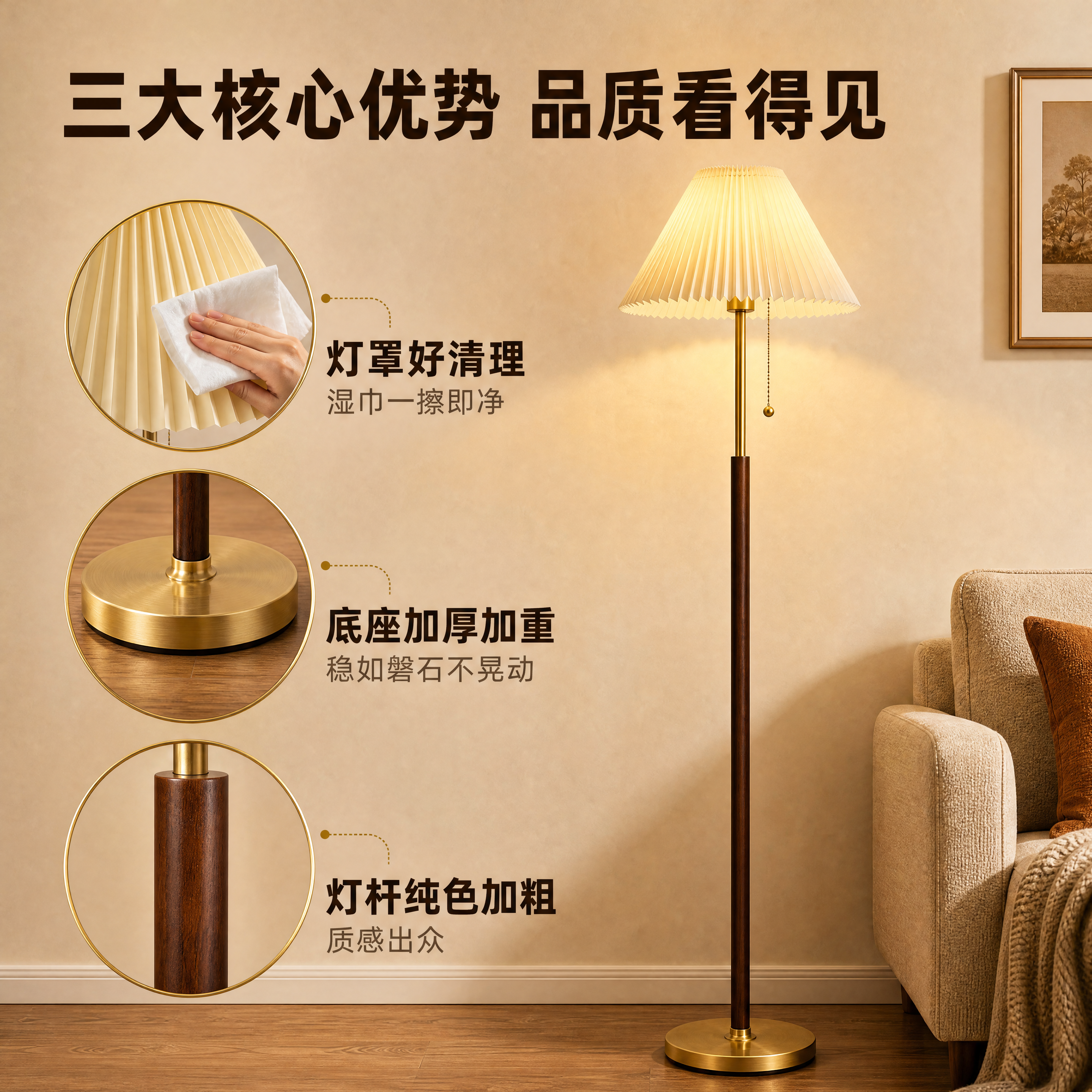 [商品] 使用【图2】美式复古百褶落地灯；保留百褶灯罩、黄铜金… - 图片创意预览