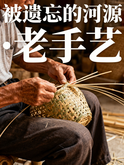 老手艺人正在进行竹编工作的场景，竹编手工特写，上方带有大字标题"被遗忘的河源 ·老手艺"，暖色调，复古滤镜效果，氛围感十足，传统民俗手艺风格预览效果