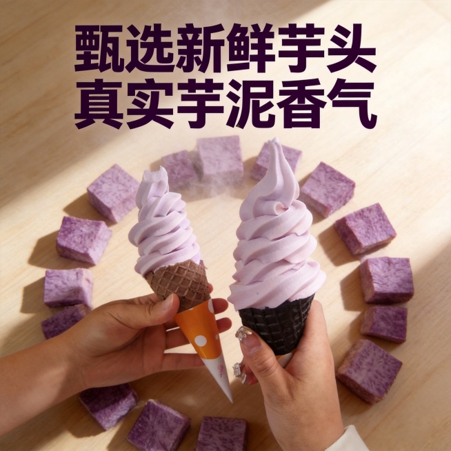 [主图 2] 香芋冰淇淋核心原料展示，强化品质信任
[氛围/风格] 自然清新，真实自然光，突出新鲜原料质感
[画面元素] 保持冰淇淋外观和原图一致，香芋冰淇淋放置在画面中心，周围散落着新鲜切好的紫芋头预览效果