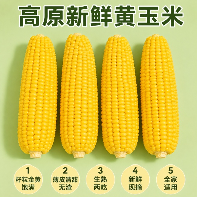 [主图-10] 核心卖点提炼总结图，促进转化下单。[氛围风格] 清晰直观，卖点明确，拼多多直白风格。[画质] 商业摄影质感、光线柔和通透、产品清晰真实、画面干净高级。[元素] 四根完整剥好的金黄玉米整预览效果