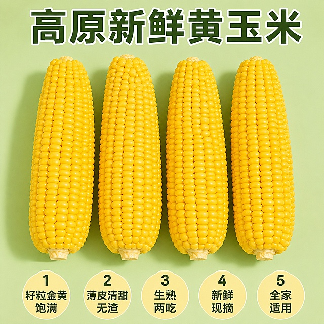 [主图-10] 核心卖点提炼总结图，促进转化下单。[氛围风格] 清晰直观，卖点明确，拼多多直白风格。[画质] 商业摄影质感、光线柔和通透、产品清晰真实、画面干净高级。[元素] 四根完整剥好的金黄玉米整齐平铺在画面中，排列均匀，展示整体品相，保留玉米外观大小颜色和输入产品图一致，杜绝变形色差。玉米占画面约70%，背景干净浅绿色，突出产品。[光影] 均匀柔和自然光，每一根玉米都清晰展示，无死角。[配色] 浅绿背景搭配金黄玉米，清爽干净。[视角构图] 整齐平铺俯视，全部玉米完整展示，一目了然。[文字版式] 顶部大字 "高原新鲜黄玉米"，底部排列五个核心卖点短句：1 籽粒金黄饱满 2 薄皮清甜无渣 3 生熟两吃 4 新鲜现摘 5 全家适用，每个卖点带浅黄圆形小标签，深字清晰，排版整齐，不遮挡玉米主体。[输出要求] 1:1比例，文字清晰锐利，图片真实清晰超高清商业摄影质感，图片大小约2.8mb。[负向提示词] 变形，文字错乱，产品图模糊，背景杂乱，水印，电商平台Logo。