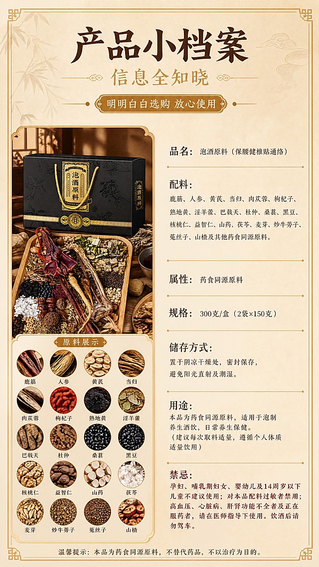 [商品] 使用【图1】泡酒料原料组合和【图2】礼盒包装；原料小图作点缀，礼盒作产品展示。
[画面] 产品小档案/参数信息屏，目标展示完整产品信息。左图右文或上图下文结构，左侧/上方为礼盒正面图+原料小图组合（占画面约35%），右侧/下方为详细参数信息表，用金色线条分隔成多个信息行。背景为浅暖棕色宣纸质感，简洁干净，突出信息可读性。
[视觉] 套系策略：风格=中式传统滋补养生商业摄影风，暖棕金调，高级质感；标题字=国风书法宋体粗体；正文字=简洁宋体/衬线体；主色=深棕+暖金；背景延展=基于暖棕做深浅层级、同色渐变与木质/宣纸纹理；强调色=烫金色，仅用于小面积图标、引线、标签和装饰线条；标题色=深棕色（主标题）+烫金色（副标题/装饰）；正文色=深棕/暖褐色；组件=金色细线分隔的参数表、圆角产品图框、中式边角装饰；光影=产品图统一暖调柔光，信息区干净无阴影。
[文字] 顶部主标题"产品小档案"，副标题"信息全知晓"，金色小标"明明白白选购 放心使用"；参数表包含：品名、配料、属性、规格、储存方式、用途、禁忌，每项标签用深棕色，内容用暖褐色，金色细横线分隔。配料内容较多时字号适中但保证手机端可读。禁忌内容用稍深颜色突出。所有文字横排。
[规格] 图片比例9:16竖版，4K，medium质量，避免变形、错字、文字过小、冷蓝背景、虚假功效。