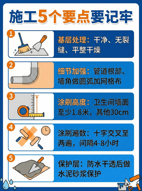 家居装修防水宣传海报，标题为"施工5个要点要记牢"，分五点展示施工要求："基层处理：干净、无裂缝、平整干燥"、"细节加强：管道根部、墙角做圆弧加网格布"、"涂刷高度：卫生间墙面至少1.8米，其他30c预览效果