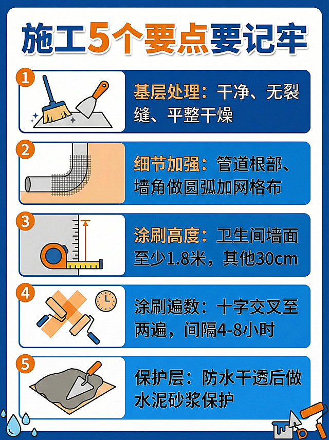 家居装修防水宣传海报，标题为"施工5个要点要记牢"，分五点展示施工要求："基层处理：干净、无裂缝、平整干燥"、"细节加强：管道根部、墙角做圆弧加网格布"、"涂刷高度：卫生间墙面至少1.8米，其他30cm"、"涂刷遍数：十字交叉至少两遍，间隔4-8小时"、"保护层：防水干透后做水泥砂浆保护"，搭配对应施工步骤的简约图标，风格专业实用，配色蓝橙为主
