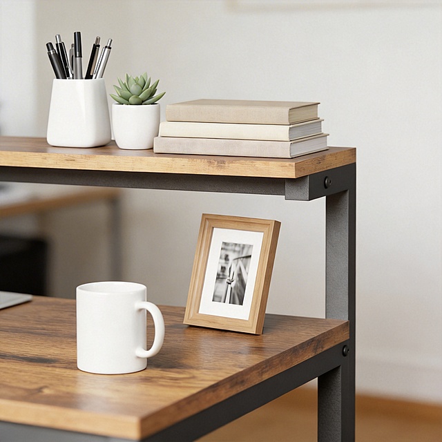 保留桌子及桌上物品，背景替换为虚化的浅色墙壁家庭办公场景