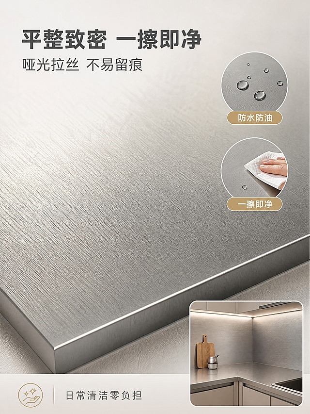 [商品] 使用【图1】不锈钢琅琅板样块图：保留哑光拉丝银灰表面质感与不锈钢原色，产品为琅琅板面；商品处理：去除样块上的白色文字标注，保留真实拉丝肌理与哑光光泽。
[画面] 第4张材质特写图，页面目标展示板面平整致密、哑光拉丝质感与易清洁属性。构图骨架为微距满铺型，主画面为板面局部微距特写，占画面72%，侧光呈现细腻的纵向拉丝肌理与柔和明暗过渡；右上角叠加两个圆形小窗：①水滴在板面成珠滚落配「防水防油」，②纸巾轻擦板面配「一擦即净」。右下角为厨房转角实景小图，展示板面干净光洁。背景为浅灰白材质延展，干净高级。
[视觉] 套系策略：风格=现代简约厨房商业摄影；标题字=现代无衬线粗体；正文字=简洁无衬线体；主色=浅灰白；背景延展=浅灰白与米白做深浅层级、同色渐变和细腻金属与木纹材质延展；强调色=暖金，仅用于小面积图标、引线和标签；标题色=深炭灰；正文色=中灰；组件=圆角浅底信息卡、细线引线；光影=左前侧暖调自然光加顶部灯带柔光。
[文字] 顶部主标题「平整致密 一擦即净」≤10字，副标题「哑光拉丝 不易留痕」；右上两个小窗标签「防水防油 / 一擦即净」；底部一行小字「日常清洁零负担」。文字横向排版，位于顶部与底部负空间，不遮挡纹理主体。
[规格] 图片比例3:4竖版，4K，避免变形、错字、文字过小、产品颜色改变、第三方品牌Logo、水印、AI生成标识、平台Logo。