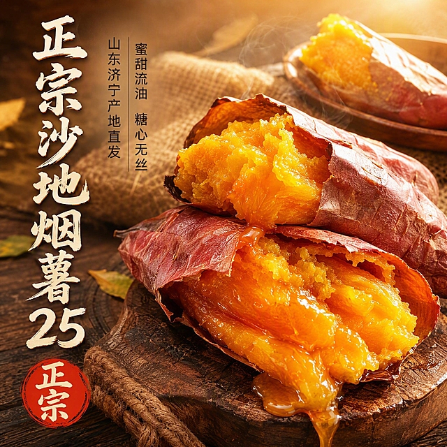 [主图-1] 首图点击率 正宗沙地烟薯25 烤薯流油诱惑食欲感
[统一基调] 国内电商食品风格 自然暖阳逆光 暖橙金棕主色调 粗厚书法体主标题 米白字带轻微阴影 辅助文案用清爽黑体 整体突出蜜甜流油的食欲感
[画面] 画面中央偏右摆放2-3根刚出炉的烤烟薯25 其中一根被掰开露出金黄糖心 浓稠蜜糖顺着薯肉往下流淌 表面泛着油亮光泽 冒着淡淡的热气 背景是温馨的木质餐桌 搭配粗麻布和一小碟烤薯 左上角留出负空间放文案 主体占比约65% 视角为45度微俯拍 产品外观与参考图一致 红棕色薯皮 橙黄金黄糖心 流油流蜜质感
[光影质感] 自然暖阳逆光 从右上方打光 薯肉表面形成通透的高光 油亮感强烈 阴影柔和自然 商业美食摄影质感 高清微距细节 薯肉纤维纹理清晰可见
[配色] 背景暖木色+深棕渐变 主标题米白色带暖橙描边 辅助文案深棕色 强调字用朱红色印章样式
[文字版式] 左上角竖排主标题 正宗沙地烟薯25 下方辅助文案 山东济宁产地直发 蜜甜流油 糖心无丝 左下角加一个朱红圆形印章样式 写着 正宗
[输出要求] 1:1正方形 文字清晰可读 产品清晰 禁止变形 错字 模糊 杂乱 水印 平台Logo 禁止出现人物面部