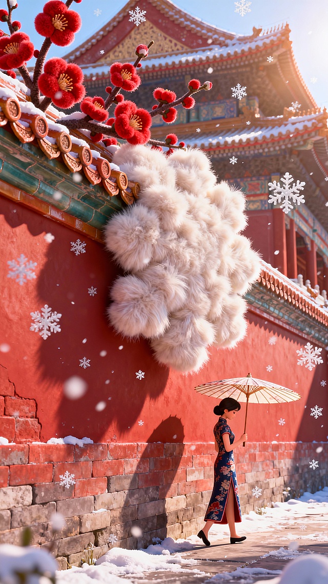 故宫红墙砖瓦，大学飘落，一个拿油纸伞身穿旗袍的女人侧面低头走在墙根，红色腊梅盛开在墙头