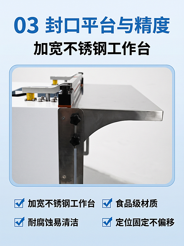 [单张主图] 封口设备加宽不锈钢工作台，爆款促销感主图，展示产品卖点和专业器械质感。参考比对：参考图采用顶部大标题，中部产品圆角框展示细节，底部分两排带对勾图标卖点的布局，浅蓝色背景干净专业，生成时沿用该排版结构和配色风格。[画面主体] 产品为封口设备加宽不锈钢工作台，展示产品局部细节，保持产品外观（物理结构、材质质感、颜色）与输入产品图https://0.jpg绝对一致，杜绝任何变形和色差，精细化处理。主体细节框占画面约50%，居中放置。[构图版式] 沿用参考图的顶部大标题+中部圆角产品细节框+底部两排卖点的排版结构。[场景元素] 浅蓝渐变背景，和参考图一致的浅蓝色调，干净专业的工业器械风格。顶部蓝色大标题，中部浅蓝圆角边框包围产品细节图，底部浅蓝色背景排列带蓝色对勾图标的卖点文字。[文案版式] 顶部大文字："03 封口平台与精度"，大字蓝色粗体无衬线；副标题："加宽不锈钢工作台"，黑色粗体；底部四个卖点，分两排排列每个卖点前带蓝色对勾图标：第一排"加宽不锈钢工作台" "食品级材质"，第二排"耐腐蚀易清洁" "定位固定不偏移"。文字清晰，对比强烈，层级分明。[光影质感] 商业摄影布光，主光正面柔和照亮产品，辅光补暗部，金属边缘清晰高光，背景干净通透，产品清晰真实，画面干净高级。[配色字体] 主色浅蓝背景，大标题蓝色，副标题黑色，文字黑色对勾蓝色，字体使用无衬线粗体，对比分明。[比例分辨率] 3:4 比例，2k 分辨率，文字清晰可辨，超高清。[负向提示词] 变形，水印，错字，糊字，伪Logo，主体遮挡，背景杂乱，低清晰度，错误结构。